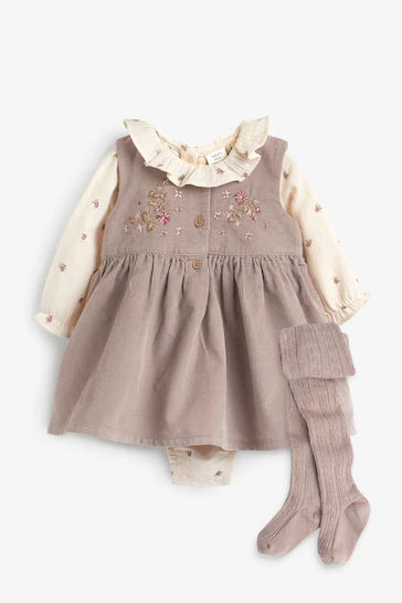 |BabyGirl| Conjunto De Vestido e Body Para Bebê Com 3 Peças - Pink Embroidered (0 meses a 2 anos)