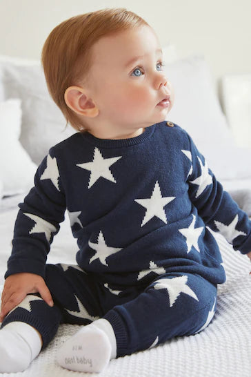 |BabyBoy| Conjunto De 2 Peças Para Bebê Em Malha - Navy Blue Star (0 meses a 2 anos)