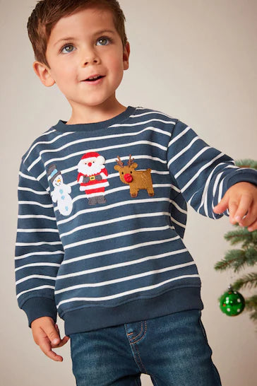 |Boy| Natal Moletom com gola redonda com apliques de Natal - Navy Blue Stripe (3 meses a 7 anos)