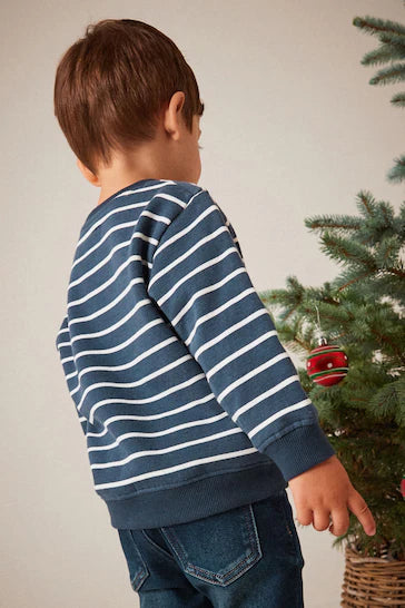 |Boy| Natal Moletom com gola redonda com apliques de Natal - Navy Blue Stripe (3 meses a 7 anos)
