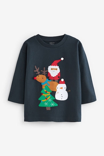 |Boy| Natal Camiseta De Natal De Manga Comprida - Navy Blue Santa Friend (3 meses a 7 anos)