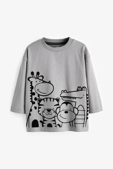 |Boy| Camiseta De Personagem De Manga Comprida - Grey Linear Animals (3 meses a 7 anos)