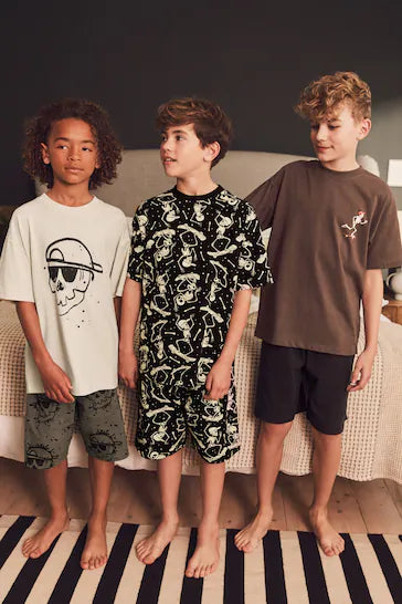 |Boy| Pacote com 3 Pijamas Curtos Esqueleto Monocromático (3-16 anos)