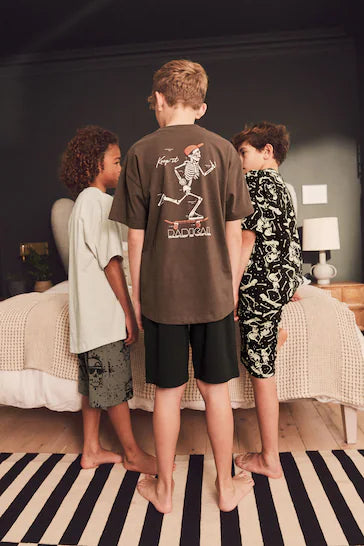 |Boy| Pacote com 3 Pijamas Curtos Esqueleto Monocromático (3-16 anos)