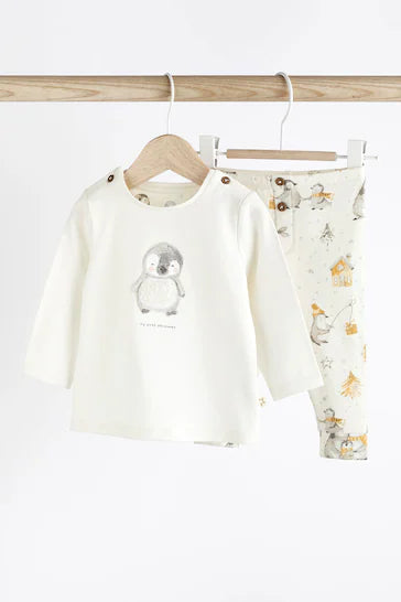 |BabyGirl| Natal Conjunto De 2 Peças De Camiseta e Leggings Para Bebê - White Penguin (0 meses a 2 anos)