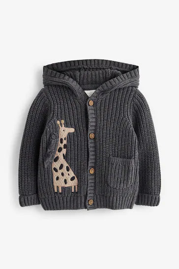 |BabyBoy| Cardigã Rricotado Com Capuz Para Bebê - Charcoal Grey Giraffe (0 meses a 2 anos)