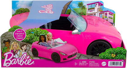 Barbie Veículo conversível de 2 lugares, carro rosa com rodas giratórias e detalhes realistas, presente para mais de 3 pessoas