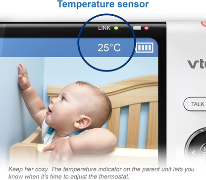 VTech Monitor de vídeo para bebês VM919HD, tela HD de 7 "720p, panorâmica e inclinação de 360 °, visão grande angular de 110 °, visão noturna HD, até 1.000 pés, branco, bateria para streaming de vídeo de até 7 horas