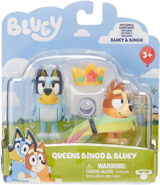 Juego de 2 figuras coleccionables oficiales de Bluey Queens con Bluey y Bingo con capa de reina arcoíris y accesorios de corona