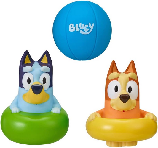 Bluey Official Paquete de 3 juguetes de baño con Bluey, Bingo y pelota