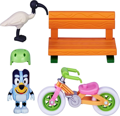 Bluey Playset de bicicleta; Figura de ação colecionável oficial do Bluey de 2,5 a 3 polegadas, incluindo bicicleta, capacete, banco e acessórios de frango do Bluey