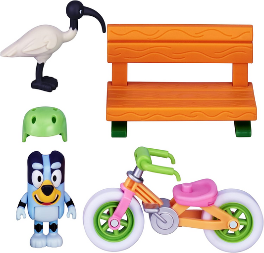 Juego de bicicleta Bluey; Figura de acción coleccionable oficial de Bluey de 2,5 a 3 pulgadas que incluye bicicleta, casco, taburete y accesorios para pollo de Bluey.