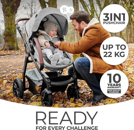 KinderKraft MOOV Juego de Cochecito 3 en 1, Sistema de Viaje, Cochecito, Cochecito, Plegable, con Asiento Infantil para Coche, Accesorios, Funda para Lluvia, Protector de Pies, para Recién Nacido hasta 3 Años, Negro