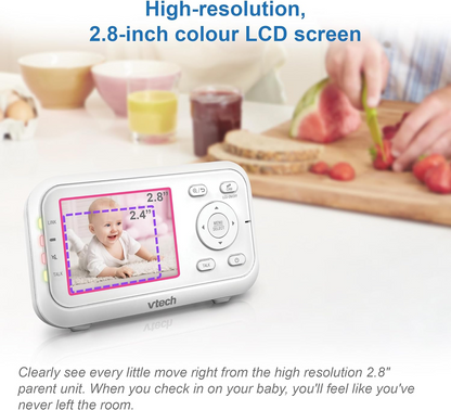 VTech Monitor de vídeo VM3250 com suporte de bateria Streaming de vídeo de 19 horas, tela LCD de 2,8 ", visão noturna infravermelha, alcance de até 300 m, transmissão segura, sensor de temperatura, sons suaves, zoom 2X