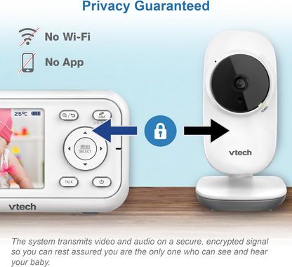 VTech Monitor de vídeo VM3250 com suporte de bateria Streaming de vídeo de 19 horas, tela LCD de 2,8 ", visão noturna infravermelha, alcance de até 300 m, transmissão segura, sensor de temperatura, sons suaves, zoom 2X