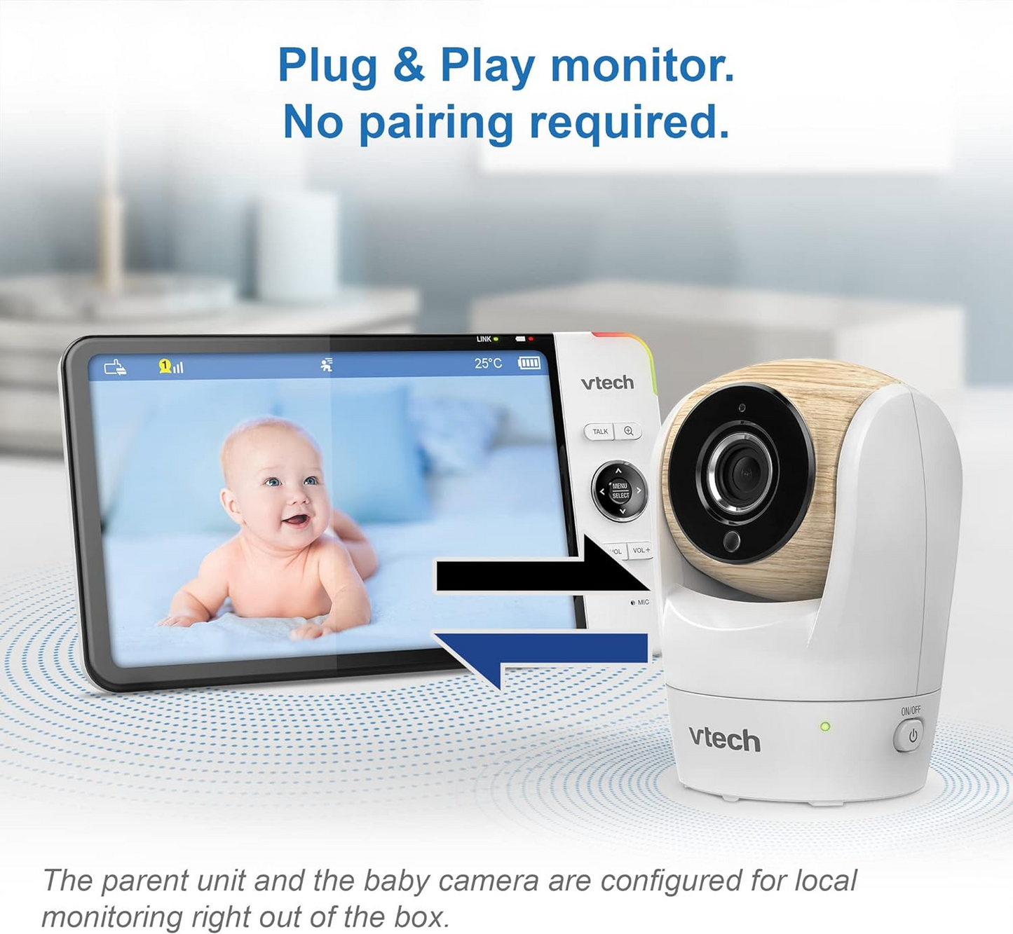 VTech Monitor de vídeo para bebês VM919HD, tela HD de 7 "720p, panorâmica e inclinação de 360 °, visão grande angular de 110 °, visão noturna HD, até 1.000 pés, branco, bateria para streaming de vídeo de até 7 horas