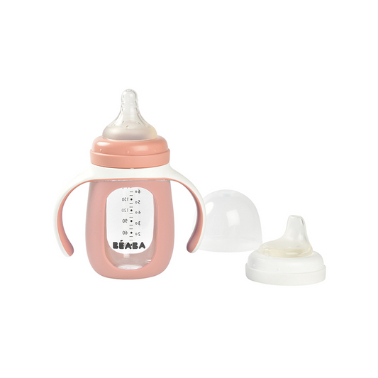 Beaba Biberón Educativo de Vidrio 2 en 1 con Tapa de Silicona Rosa 210 ml