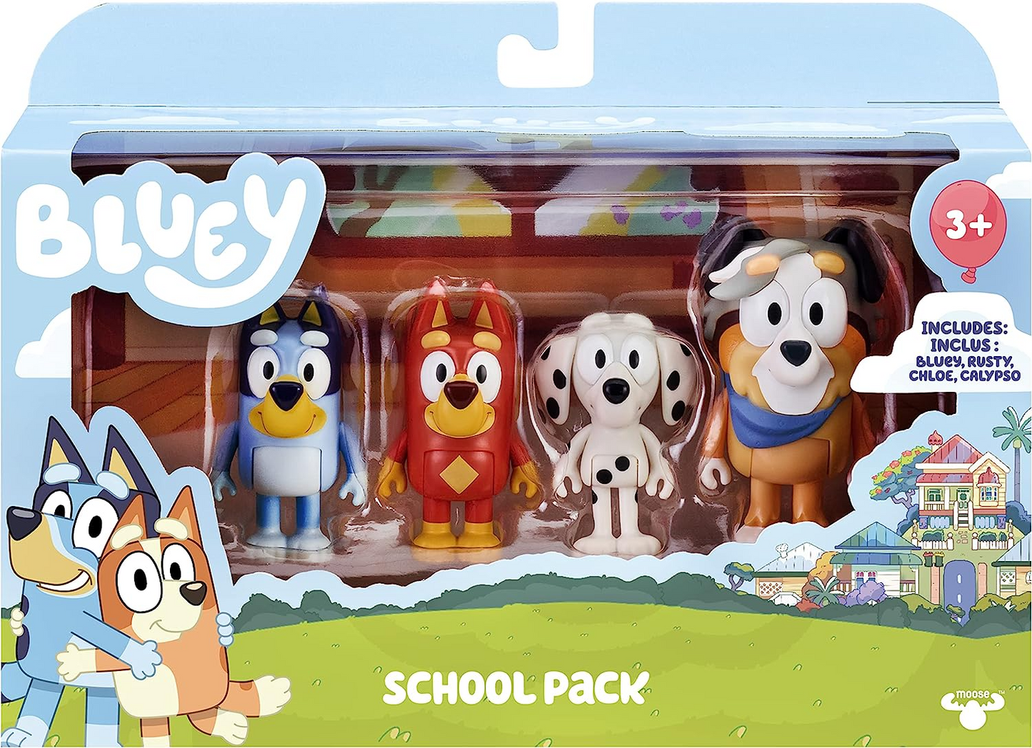 Bluey Pack de 4 compañeros de colegio; Figuras de acción coleccionables oficiales de Bluey de 2,5 a 3 pulgadas que incluyen a Jack, Pretzel y Mackenzie con sus propios accesorios para lonchera.