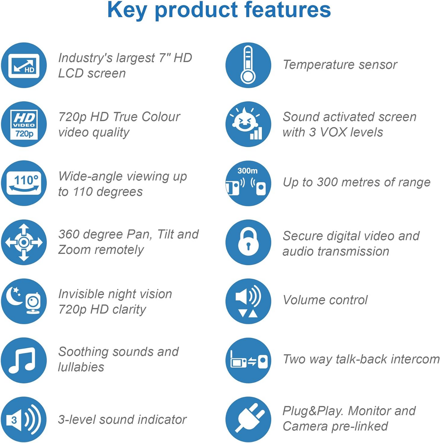 VTech Monitor de vídeo para bebês VM919HD, tela HD de 7 "720p, panorâmica e inclinação de 360 °, visão grande angular de 110 °, visão noturna HD, até 1.000 pés, branco, bateria para streaming de vídeo de até 7 horas