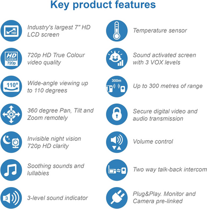 VTech Monitor de vídeo para bebês VM919HD, tela HD de 7 "720p, panorâmica e inclinação de 360 °, visão grande angular de 110 °, visão noturna HD, até 1.000 pés, branco, bateria para streaming de vídeo de até 7 horas