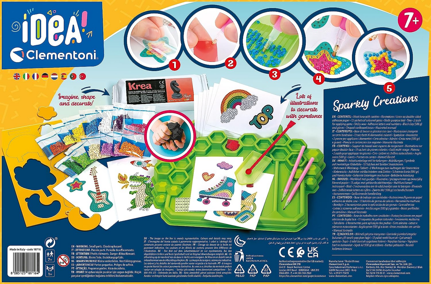 Clementoni 18716 Idea-Sparkly Creations-Sparkle Painting Kit, Craft for Kids, Diamond Arts, Creative Gift for Girl 7, Gem Stickers, Glitter Mosaic, Made in Italy, Multi-Color