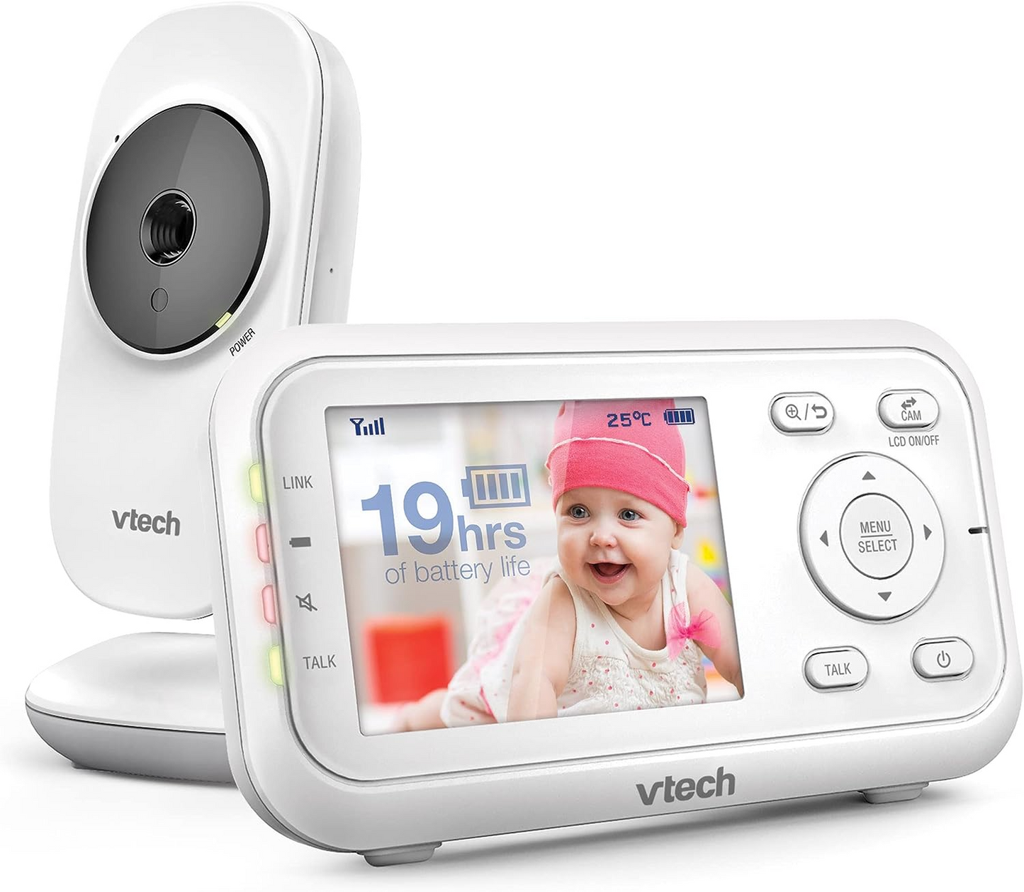 VTech Monitor de vídeo VM3250 com suporte de bateria Streaming de vídeo de 19 horas, tela LCD de 2,8 ", visão noturna infravermelha, alcance de até 300 m, transmissão segura, sensor de temperatura, sons suaves, zoom 2X