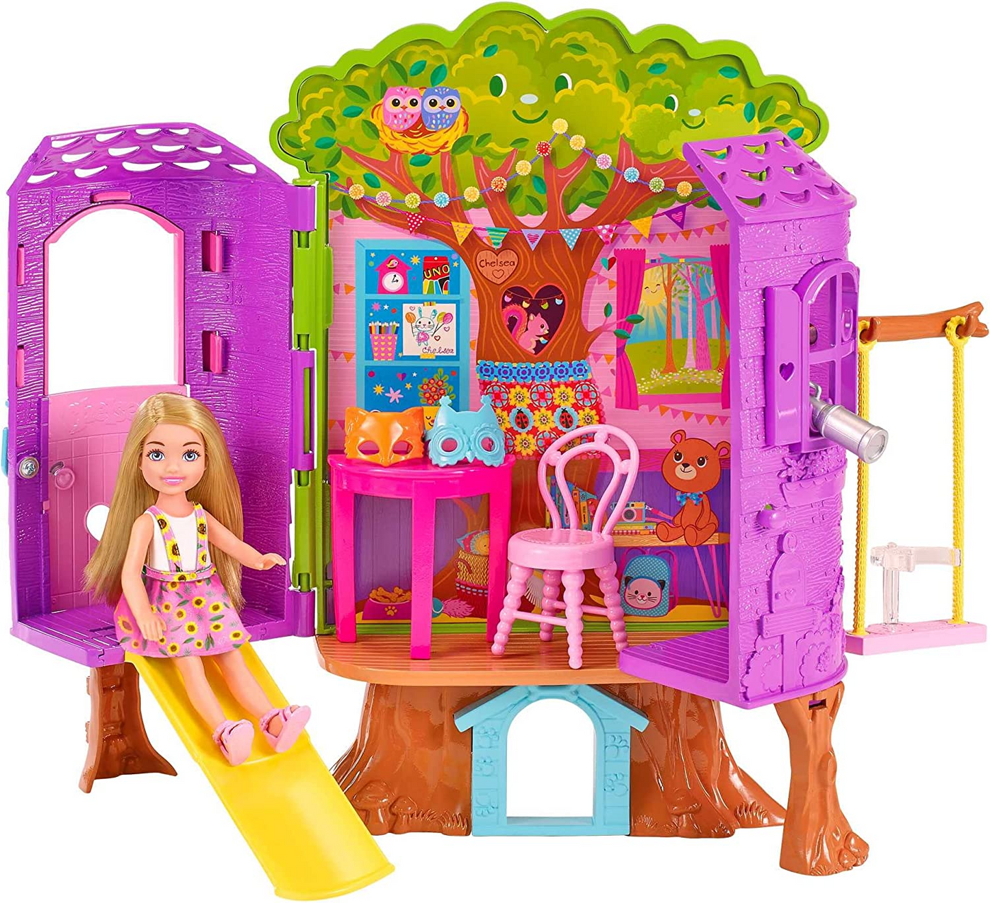 Barbie Chelsea Barbie Doll and Treehouse Playset com Pet Puppy, Dollhouse Inclui Mobília e Slide da Barbie o Filme, 10 e mais Acessórios, HPL70