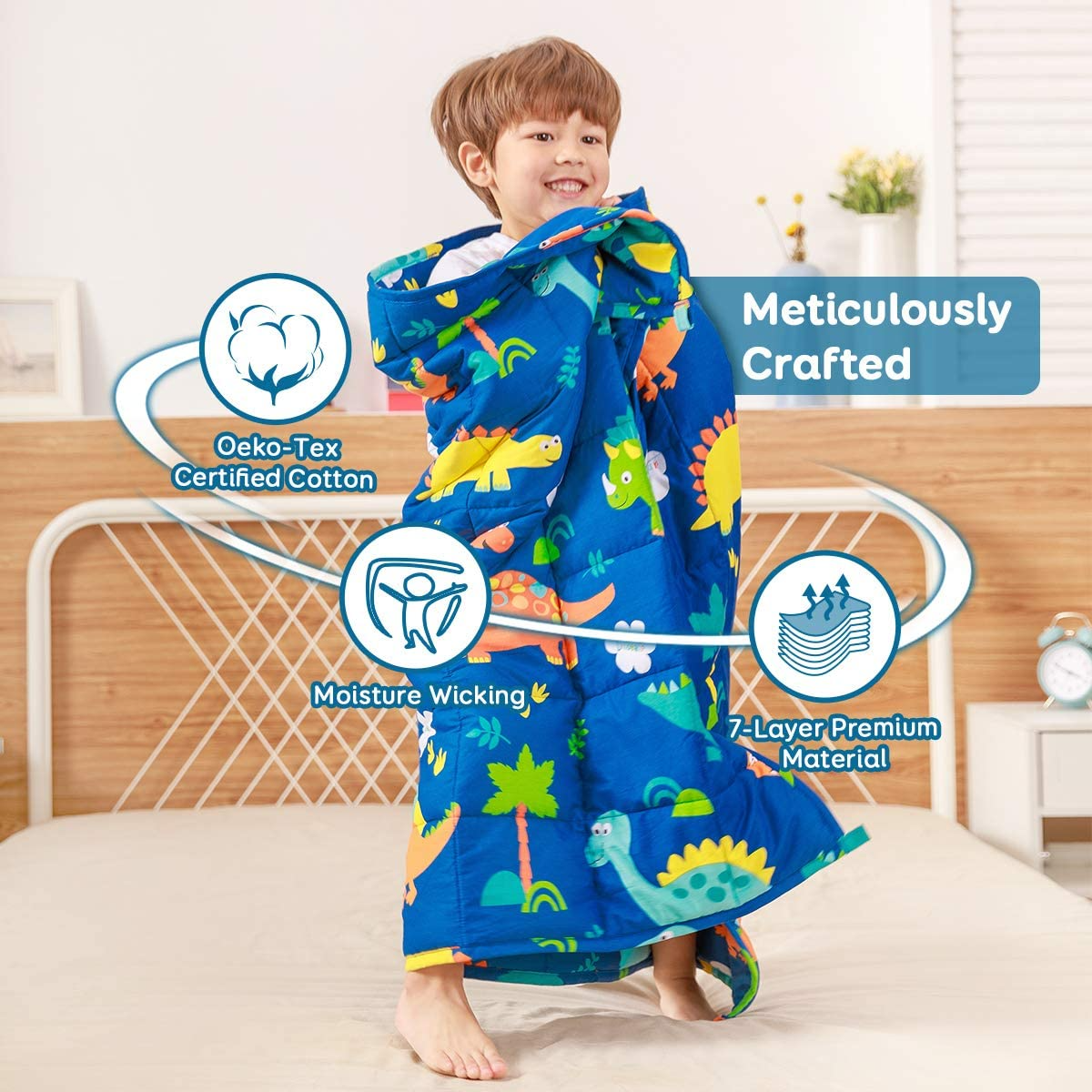 Sivio  Cobertor pesado para crianças, 1,4 kg, 90x120 cm, cobertor pesado 100% algodão natural para crianças e adolescentes, contas de vidro seguras, dinossauro azul