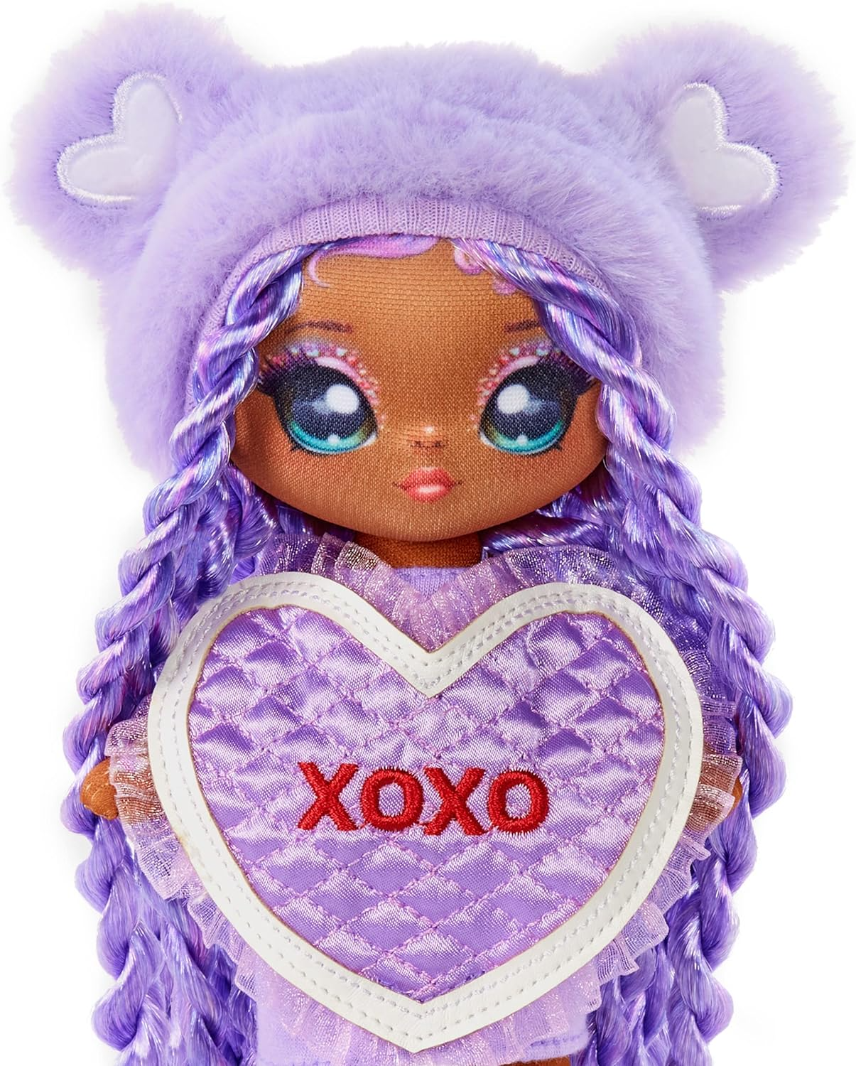 Na! Na! Na! Surprise 581314C3 Sweetest Heart Series Eva Evermore Boneca de pelúcia macia com cabelo roxo, vestido em formato de coração e escova para colecionar, ótimo presente para crianças a partir de 5 anos
