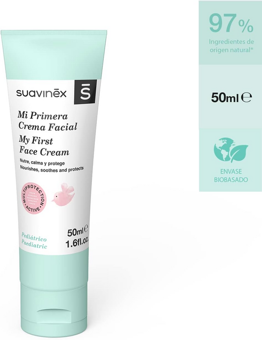Suavinex Crema facial infantil, apta para recién nacidos. Crema Facial Hidratante Diaria. La fórmula activa MultiProtection nutre, calma y protege. 97% ingredientes de origen natural, 50 ml