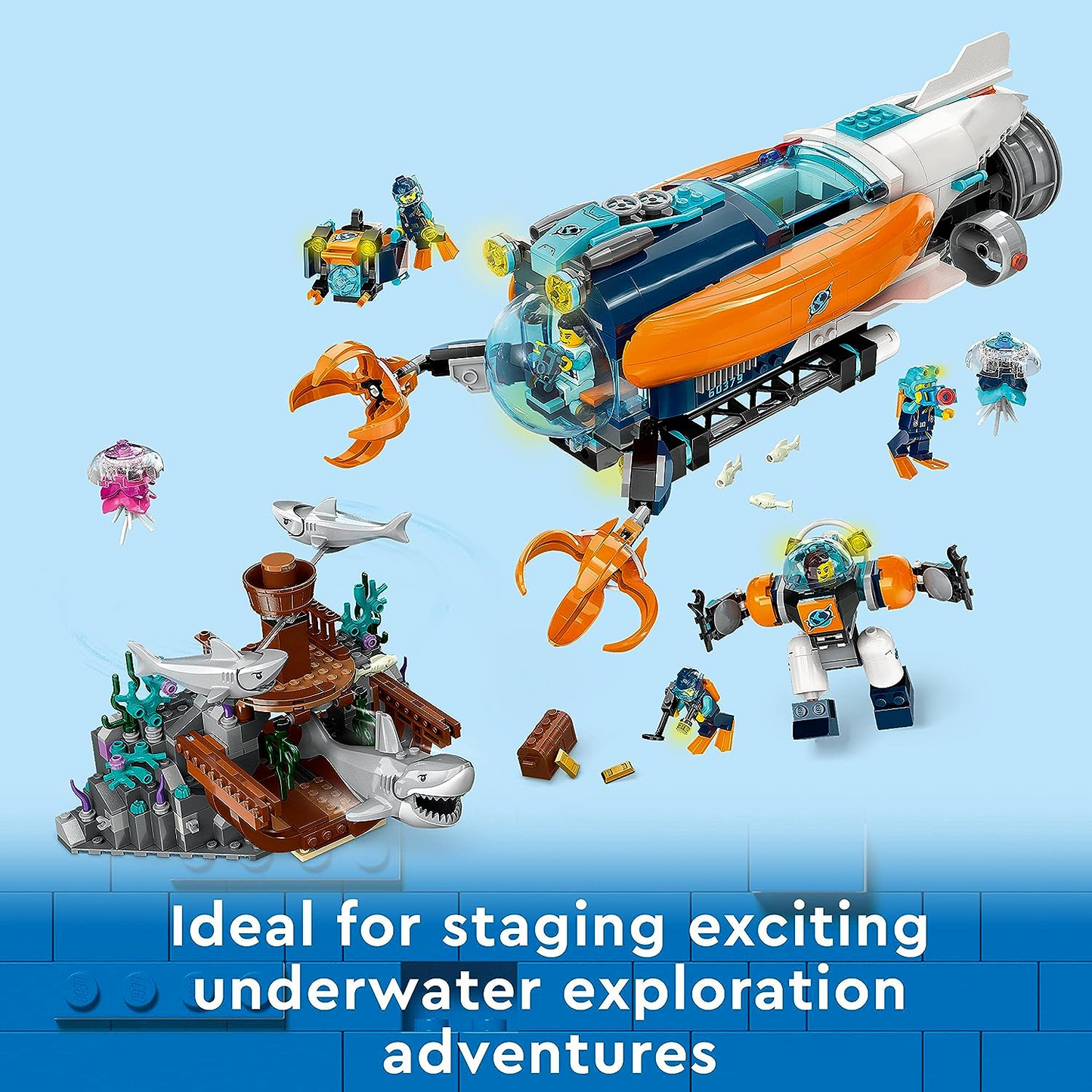 LEGO 60379 City Submarino Explorador de las Profundidades, Juguete Subacuático del Océano con Dron, Figuras de Tiburones, Minifiguras de Naufragio y Buzo, Regalo de Cumpleaños para Niños, Niños y Niñas a Partir de 7 Años