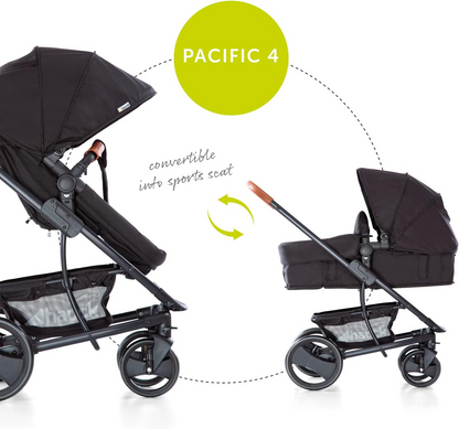 Hauck  Carrinho de passeio com sistema Pacific Shop N Drive, carga máxima de 25 kg, carrinho de bebê conversível em assento reversível, assento de carro infantil, proteção para os pés. Altura ajustável, leve, rodas grandes (pretas)