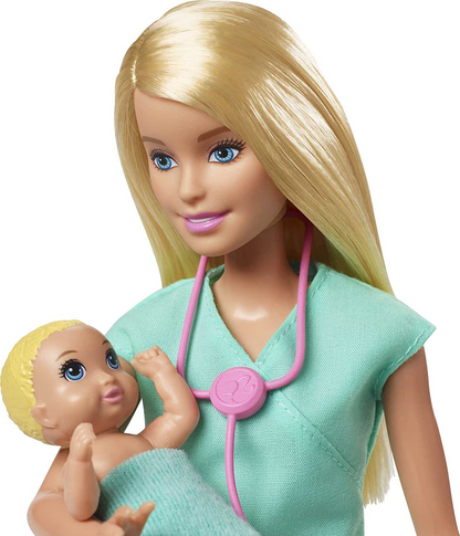 Barbie  Baby Doctor Playset com boneca loira, 2 bonecas infantis, mesa de exame e acessórios, estetoscópio, gráfico e celular para maiores de 3 anos, GKH23, verde