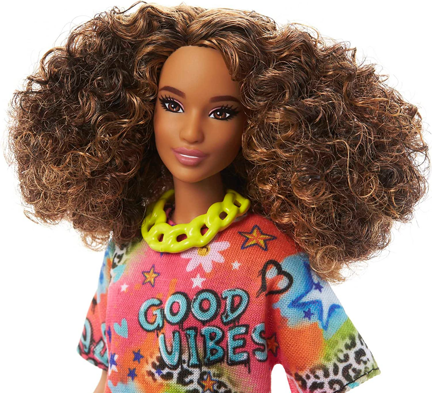Barbie Boneca, Brinquedos infantis, Cabelos castanhos cacheados, Barbie Fashionistas, Corpo atlético, Vestido com estampa de grafite, Roupas e acessórios
