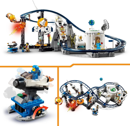 LEGO 31142 Creator 3in1 Space Roller Coaster to Drop Tower ou Merry-Go-Round Set, modelo de parque de diversões, brinquedo de construção com foguete espacial, planetas e tijolos iluminados
