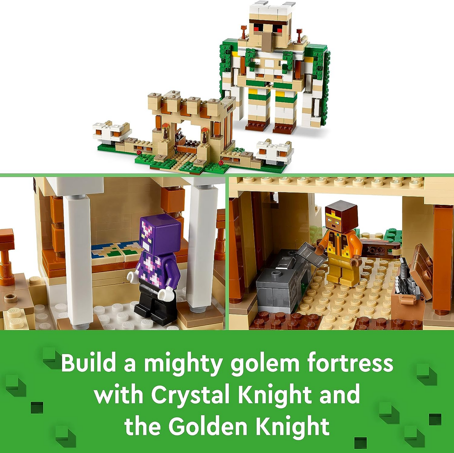 LEGO  21250 Minecraft A Fortaleza do Golem de Ferro, brinquedo de castelo montável que se transforma em uma figura grande, com 7 personagens incluídos. Crystal Knight, Skeleton Horsemen e um Charged Creeper