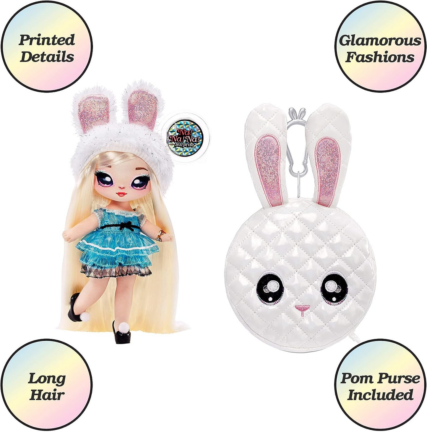 Na! Na! Na! Surprise Boneca fashion 2 em 1 e bolsa metálica série Glam - colecionável - boneca loira em vestido azul cintilante e orelhas de coelho com bolsa branca de coelho - Alice Hops