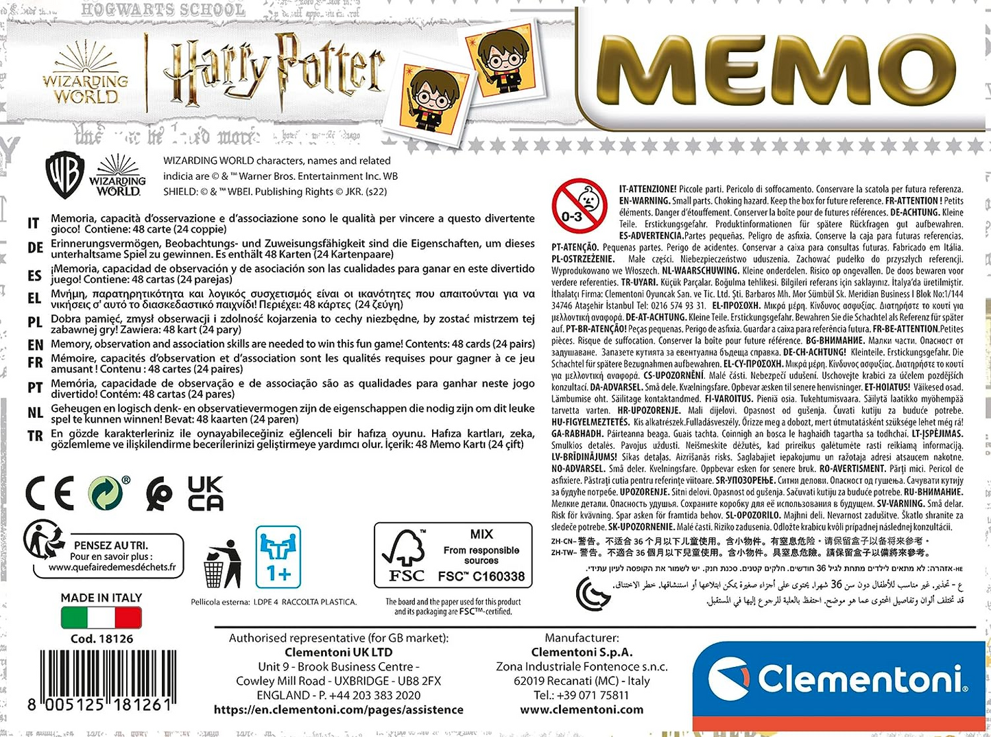Clementoni 18126 - Memo Pocket Harry Potter - Juguetes Educativos, Memos, Juegos de Cartas para Niños de 4 Años, Concentración y Razonamiento Lógico, 2 Jugadores, Made in Italy