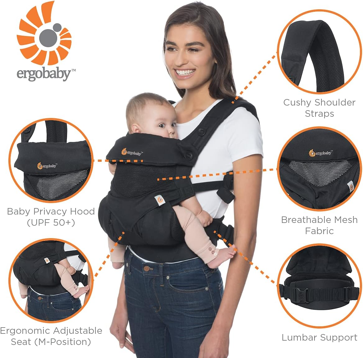 Ergobaby Porta-bebês para bebês, 360 Cool Air Carbon Grey, porta-bebês ergonômico de 4 posições e mochila