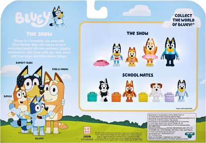 Bluey Pack de 4 compañeros de colegio; Figuras de acción coleccionables oficiales de Bluey de 2,5 a 3 pulgadas que incluyen a Jack, Pretzel y Mackenzie con sus propios accesorios para lonchera.