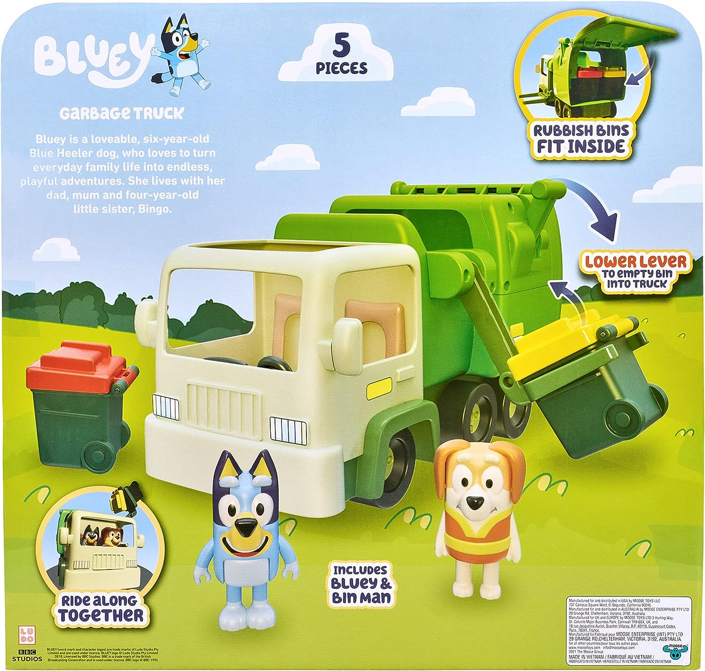 Bluey Conjunto de brinquedo para caminhão de lixo com duas figuras de ação de personagens colecionáveis oficiais de 2,5"-3", Bluey com o homem da lixeira e 2 acessórios para lixeira