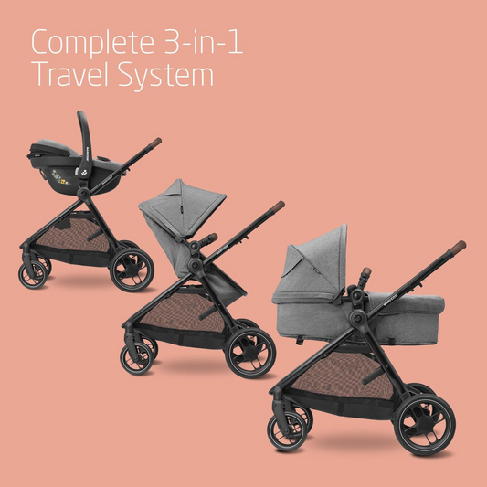 Maxi-Cosi Zelia S Trio Cochecito Travel System 3 en 1, 0 - 4 años, hasta 22 kg, cochecito plegable, compacto y reclinable, con silla de coche CabrioFix S i-Size, accesorios, bolso bebé, gris