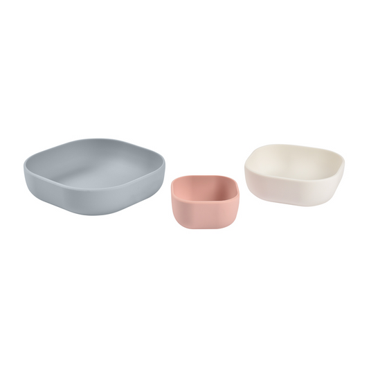 Béaba Conjunto de 3 tigelas de silicone (cinza veludo/algodão/rosa empoeirado)