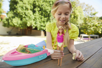 Barbie  Barco com cachorro e acessórios temáticos, cabe 3 bonecas, flutua na água, ótimo presente para crianças de 3 a 7 anos, GRG29