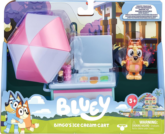 Juego de vehículo de helado de Bluey Bingo con figura de acción oficial de personaje coleccionable de 2,5 a 3 pulgadas con su carrito de helado
