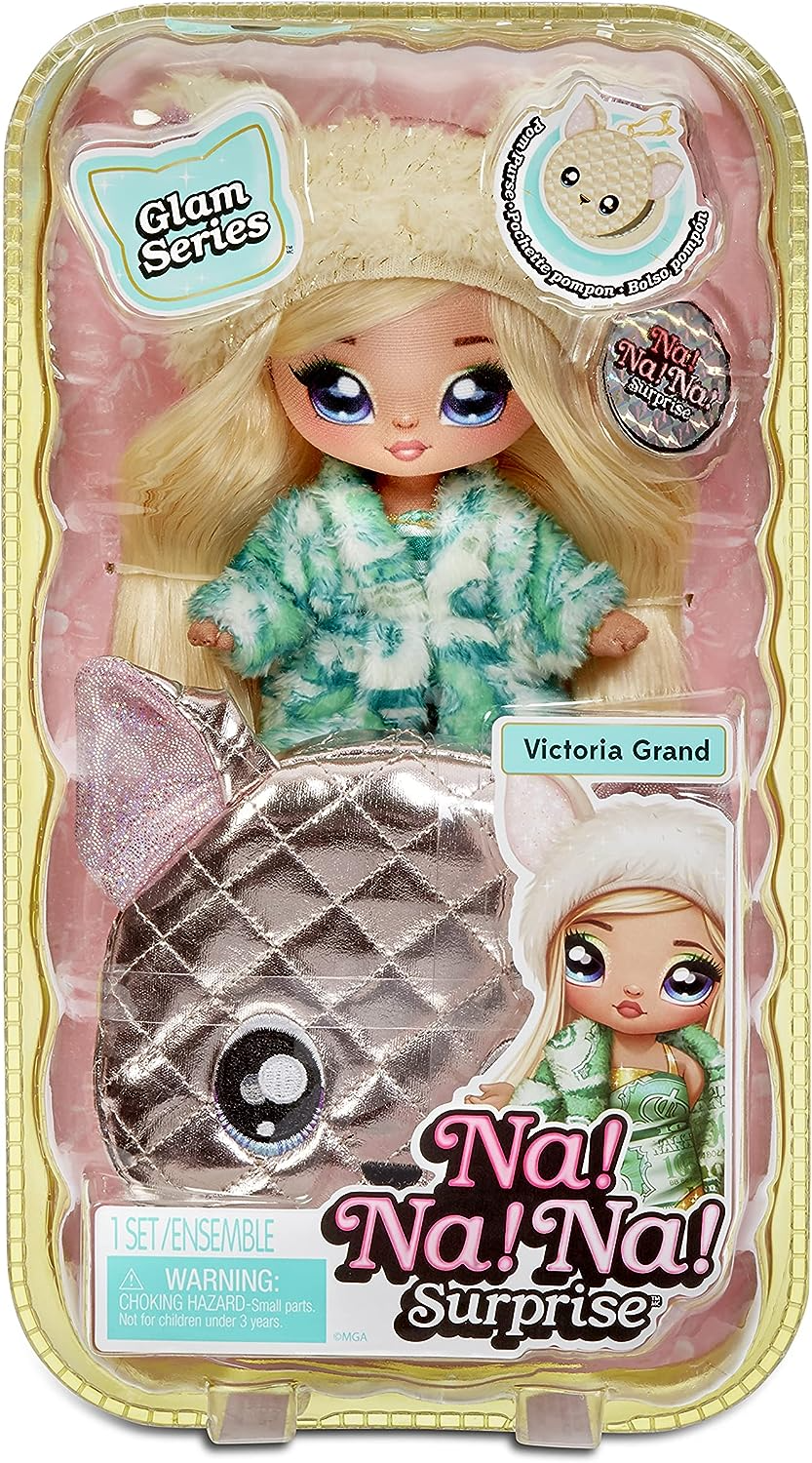 Na! Na! Na! Surprise  Boneca fashion 2 em 1 e bolsa metálica série Glam - colecionável - boneca loira em vestido verde e chapéu de orelha de cachorro com bolsa chihuahua - Victoria Grand