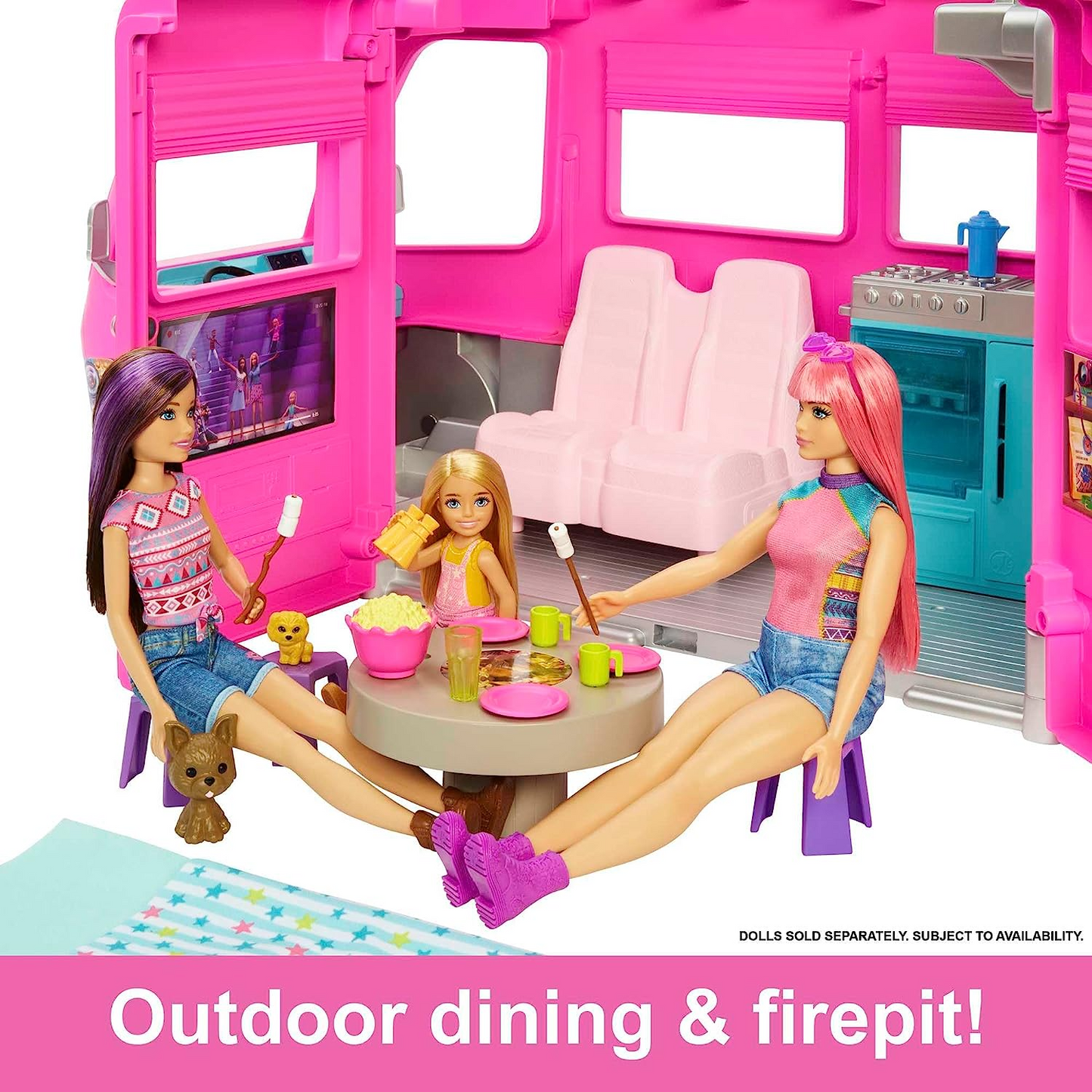 Barbie Camper, Playset de boneca com 60 acessórios, escorregador de 30 polegadas e 7 áreas de lazer, Dream Camper, HCD46
