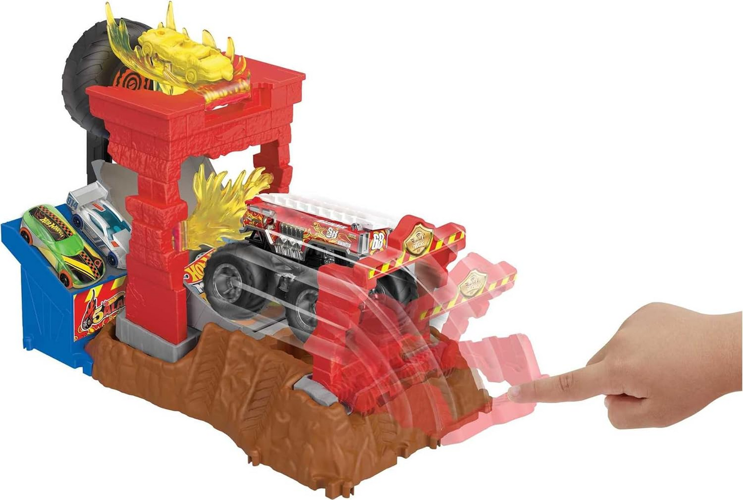 Hot Wheels Monster Trucks Arena Smashers Playset de desafio de colisão de incêndio com 5 alarmes com caminhão de brinquedo de 5 alarmes e 1 carro esmagável, HNB90