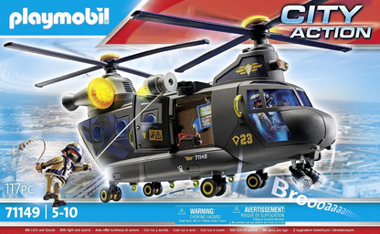 Playmobil 71149 Helicóptero de hélice dupla da polícia tática de ação urbana, helicóptero de resgate SWAT altamente detalhado com módulo de luz e som, encenação divertida e imaginativa, conjunto de brinquedos adequado para crianças de 5 anos ou mais