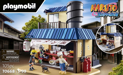 Playmobil 70668 NARUTO SHIPPUDEN Ichiraku Ramen Shop, deliciosa experiência gastronômica na Ramen Shop com Naruto, Kakashi, Teuchi e Pakkun, anime, conjunto colecionável adequado para crianças e fãs com mais de 5 anos